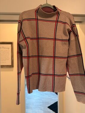 Neutral Plaid Mock Neck Sweater with Red & Black Windowpane